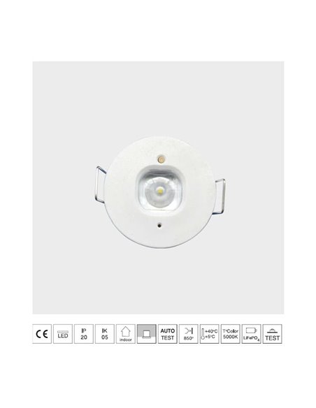 Luz antipánico permanente LED empotrada, K-MINI blanco Ø40mm, 182Lm, 5000K, 2h de autonomía, luminaria estructural
