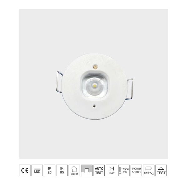 Luz antipánico permanente LED empotrada, K-MINI blanco Ø40mm, 182Lm, 5000K, 2h de autonomía, luminaria estructural