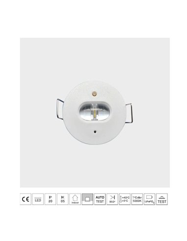 Luz de evacuación LED permanente K-MINI, empotrable Ø40mm, 195Lm, 5000K, 2 horas de autonomía, luminaria estructural