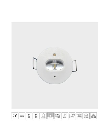 Luz de evacuación LED permanente K-MINI, empotrable Ø40mm, 195Lm, 5000K, 2 horas de autonomía, luminaria estructural