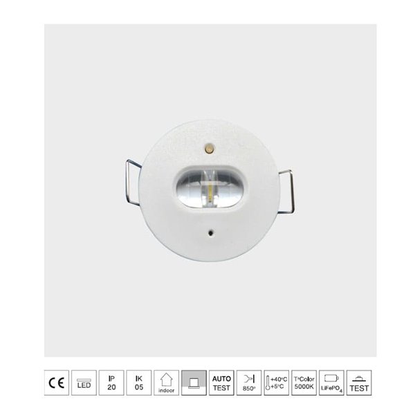Luz de evacuación LED permanente K-MINI, empotrable Ø40mm, 195Lm, 5000K, 2 horas de autonomía, luminaria estructural