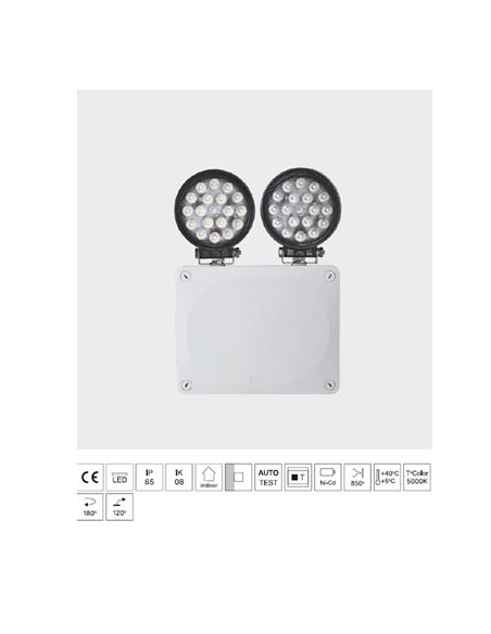 Holofotes de emergência LED montados na parede em alturas elevadas (5m), SD 1900Lm, 5000K