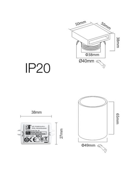 Medidas Aplique LED STEPS Branco 4W Embutido com Luz Bilateral – Interior 3000K – Quadrado 4110 Beneito Faure