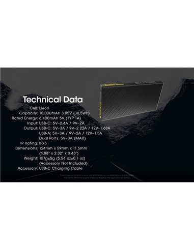 Batería recargable Power-Bank CARBO 10000 10,000 mAh (38.5 Wh) 157g potencia salida 20W USB-C