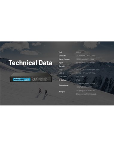Bateria recarregável Power Bank 20.000 mAh (77 Wh) SUMMIT 20000 303g IPX5 fibra de carbono, saída de 20 W