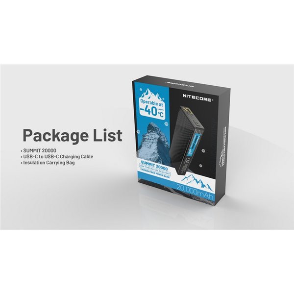 Bateria recarregável Power Bank 20.000 mAh (77 Wh) SUMMIT 20000 303g IPX5 fibra de carbono, saída de 20 W