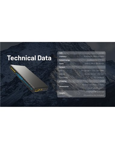 Power Bank recarregável 10.000 mAh fibra de carbono (38,5 Wh), saída de 20 W SUMMIT 10000 172 g IPX5