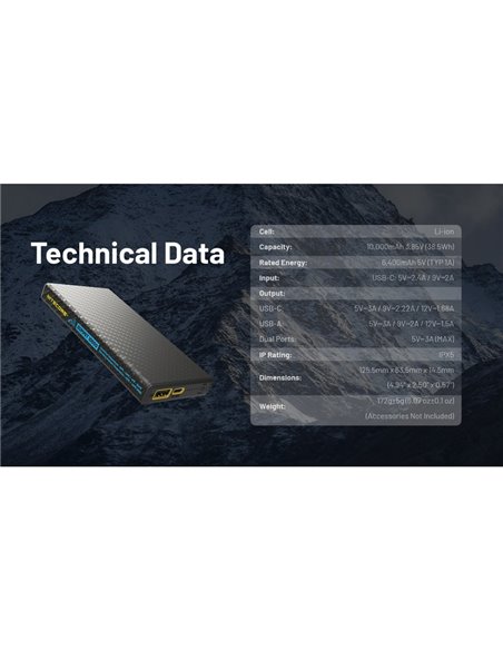 Power Bank recarregável 10.000 mAh fibra de carbono (38,5 Wh), saída de 20 W SUMMIT 10000 172 g IPX5