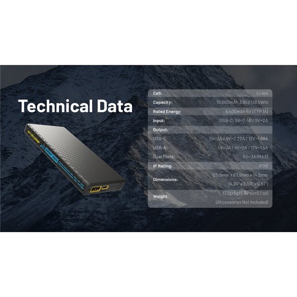 Batería Power Bank recargable 10.000 mAh fibra de carbono (38,5 Wh), salida 20W SUMMIT 10000 172g IPX5
