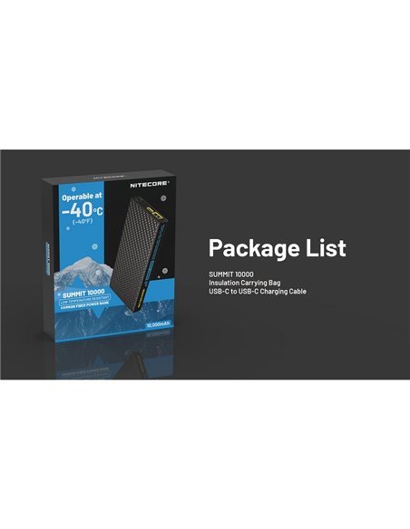 Power Bank recarregável 10.000 mAh fibra de carbono (38,5 Wh), saída de 20 W SUMMIT 10000 172 g IPX5