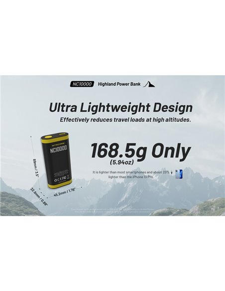 Batería recargable NC10000 Power Bank Li-ion 10,000 mAh 3.6 V (36 Wh) con linterna 50Lm USB-C IPX5
