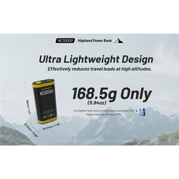 Batería recargable NC10000 Power Bank Li-ion 10,000 mAh 3.6 V (36 Wh) con linterna 50Lm USB-C IPX5