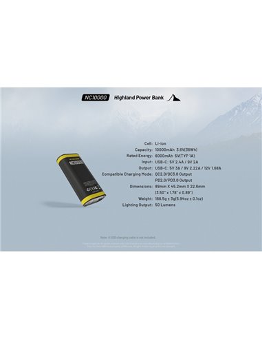Batería recargable NC10000 Power Bank Li-ion 10,000 mAh 3.6 V (36 Wh) con linterna 50Lm USB-C IPX5