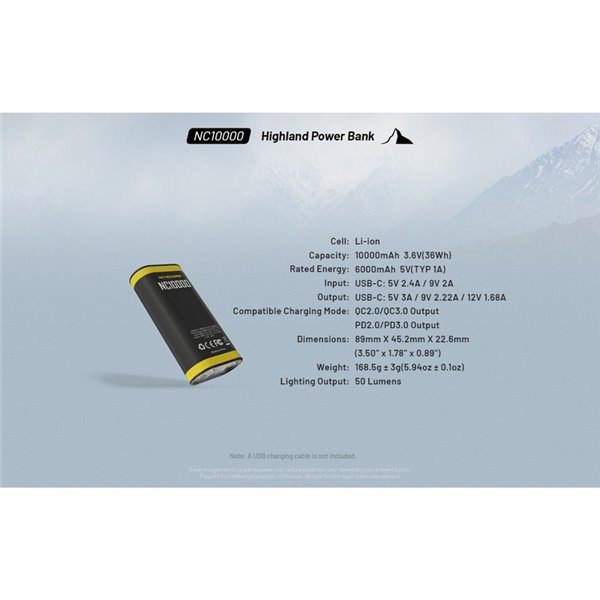 Batería recargable NC10000 Power Bank Li-ion 10,000 mAh 3.6 V (36 Wh) con linterna 50Lm USB-C IPX5
