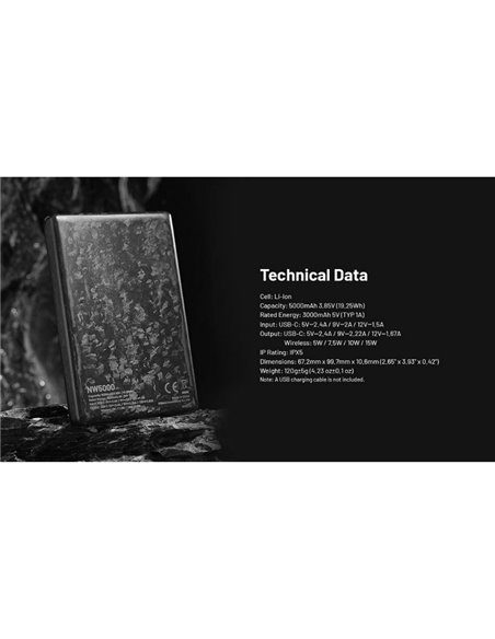Bateria magnética recarregável ultrafina NW5000, Power Bank 5000 mAh 3,85 V (19,25 Wh)
