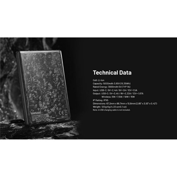 Bateria magnética recarregável ultrafina NW5000, Power Bank 5000 mAh 3,85 V (19,25 Wh)