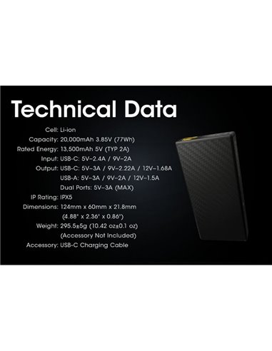 Batería recargable CARBO 20000 Power-Bank 20,000 mAh (77 Wh) 295g potencia salida 20W USB-C