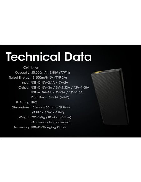 Bateria recarregável CARBO 20000 Power-Bank de 20.000 mAh (77 Wh), 295 g, saída USB-C de 20 W