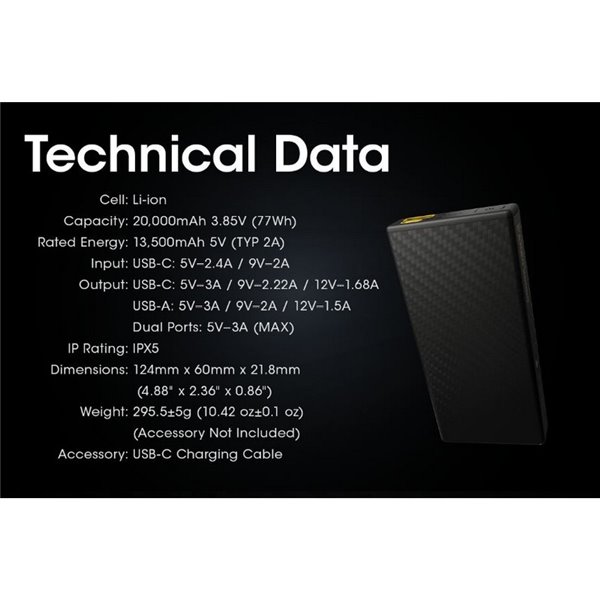 Batería recargable CARBO 20000 Power-Bank 20,000 mAh (77 Wh) 295g potencia salida 20W USB-C