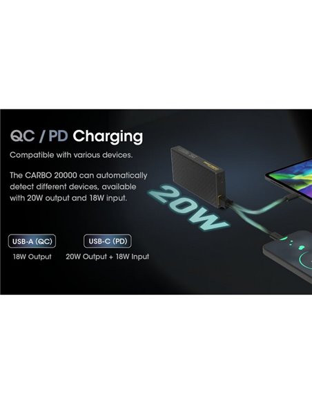 Batería recargable CARBO 20000 Power-Bank 20,000 mAh (77 Wh) 295g potencia salida 20W USB-C