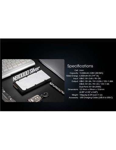 Batterie externe ultra légère et rechargeable USB-C NB10000 Silver 10 000 mAh 3,85 V (38,5 Wh) Sortie 20 W IPX5