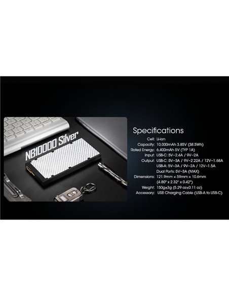 Batería Power Bank ultra ligera y recargable USB-C NB10000 Silver 10,000 mAh 3.85 V (38.5 Wh) 20W Output IPX5