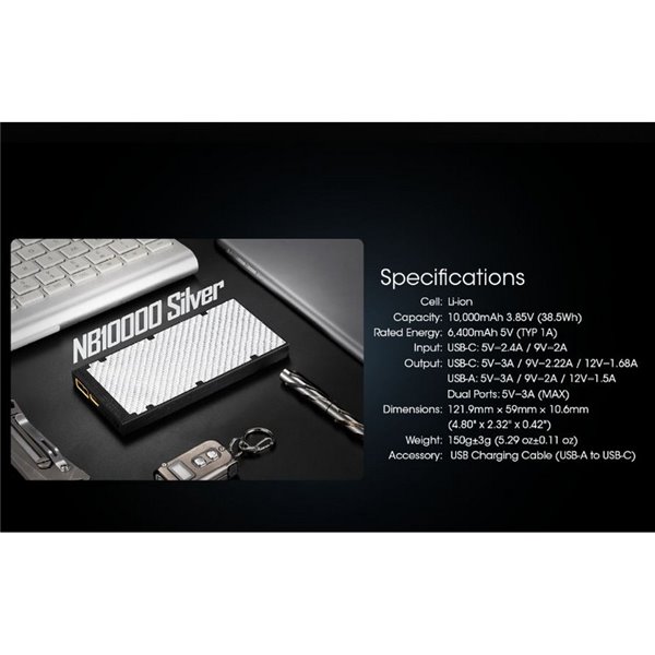 Batería Power Bank ultra ligera y recargable USB-C NB10000 Silver 10,000 mAh 3.85 V (38.5 Wh) 20W Output IPX5