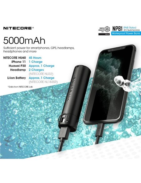 Batterie rechargeable NPB1 5000 mAh 3,64 V (18,2 Wh) Micro-USB-C et A submersible et températures extrêmes IP68