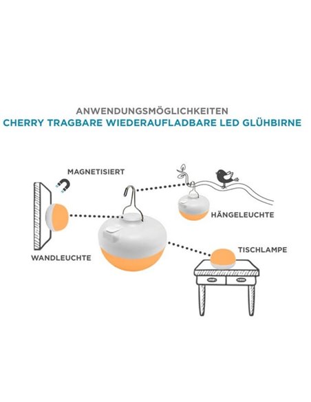 Ampoule LED rechargeable Cherry 9 W, blanc chaud 1800 K, avec télécommande infrarouge et base magnétique, pour l'extérieur