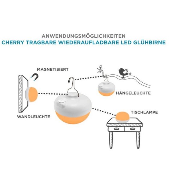 Ampoule LED rechargeable Cherry 9 W, blanc chaud 1800 K, avec télécommande infrarouge et base magnétique, pour l'extérieur