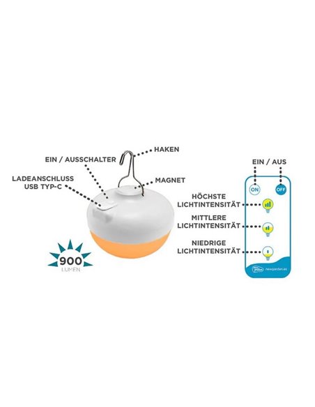 Bombilla LED recargable CHERRY, 9W, luz muy cálida 1800K, con mando IR y base magnética, exterior







