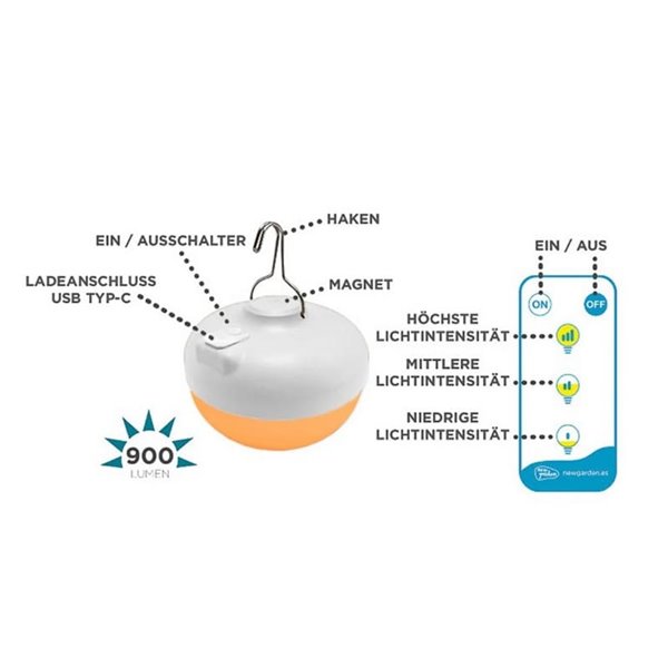 Bombilla LED recargable CHERRY, 9W, luz muy cálida 1800K, con mando IR y base magnética, exterior







