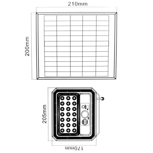 Medidas Foco Proyector LED Solar con Sensor 50W ARAS 4000K o 6000K IP65 con mando a distancia Ledme