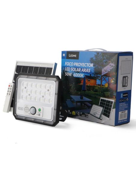 Caja Foco Proyector LED Solar con Sensor 50W ARAS 4000K o 6000K IP65 con mando a distancia Ledme