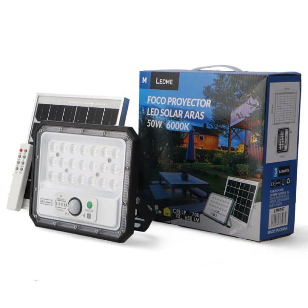 Projecteur solaire LED avec capteur 50 W ARAS 4 000 K ou 6 000 K IP65 avec télécommande Ledme
