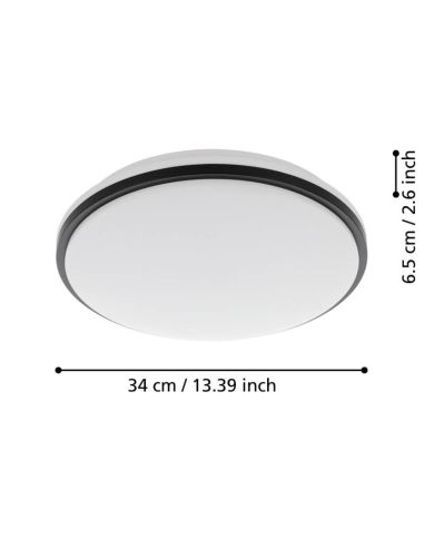 Medidas Plafón LED PINETTO Negro y Blanco IP44 Ø340mm 15,6W 4000K Eglo 900366 instalado en salón