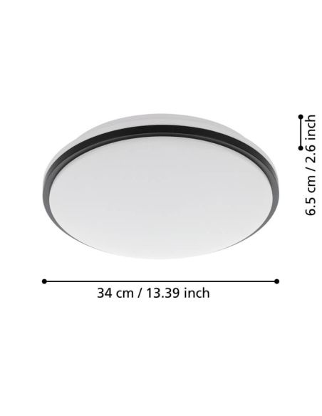Medidas Plafón LED PINETTO Negro y Blanco IP44 Ø340mm 15,6W 4000K Eglo 900366 instalado en salón