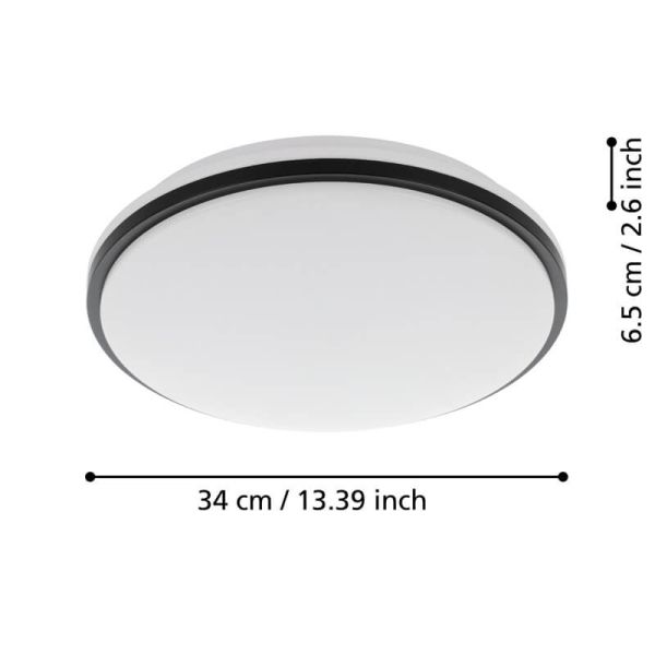 Medidas Plafón LED PINETTO Negro y Blanco IP44 Ø340mm 15,6W 4000K Eglo 900366 instalado en salón