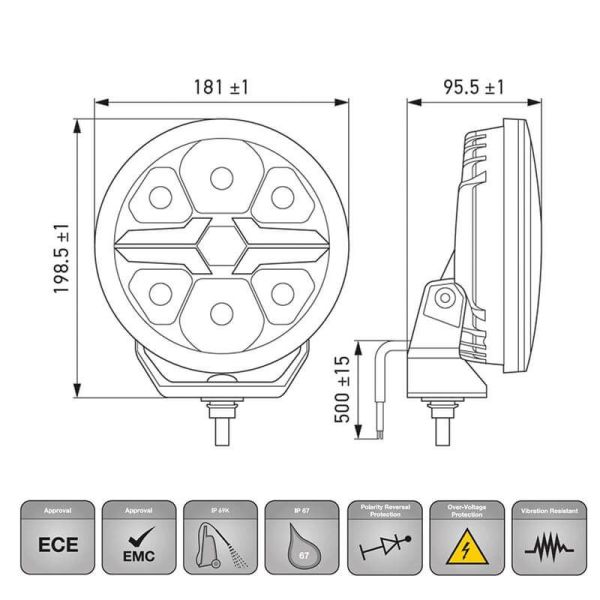 Dimensiones Faro LED 7" Homologado Blade Negro - Luz de Posición Blanca - Ambar y Largo Alcance R10, R149, R148