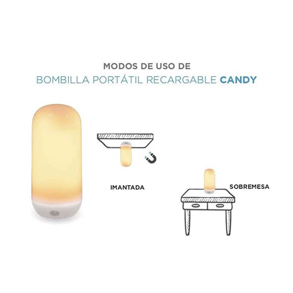 Bombilla LED portátil con base imantada y mando CANDY, recargable, luz cálida y efecto llama