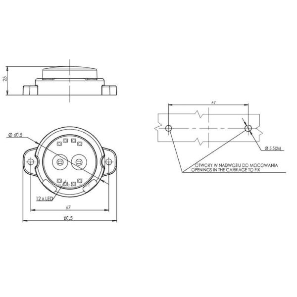 Dimensions Mini pilote LED arrière rond et homologué avec 3 fonctions 12V 24V Était 1531 1D et AD | LeonLeds