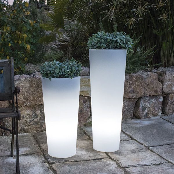 Jardinière solaire FICUS 80 avec éclairage LED pour extérieur, blanche, couleurs RVB et batterie, ø 29 x 79 cm