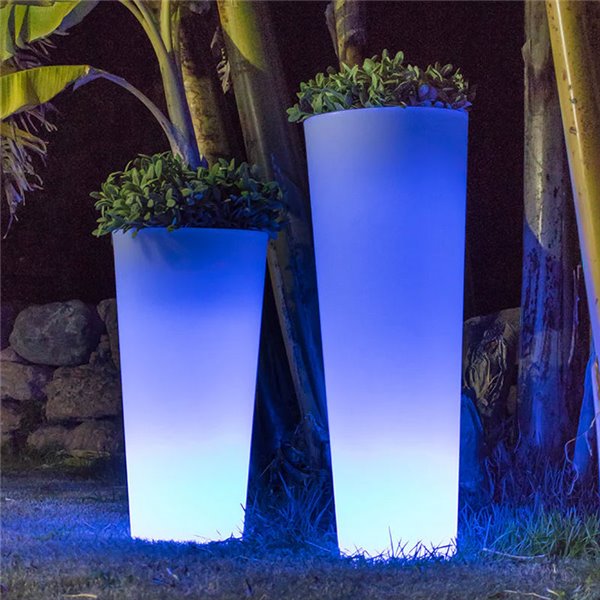 Plantador solar FICUS 80 com luz LED para exterior, branco com cores RGB e bateria, ø29 x 79 cm