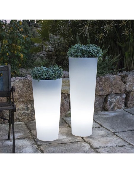 Plantador solar FICUS 80 com luz LED para exterior, branco com cores RGB e bateria, ø29 x 79 cm