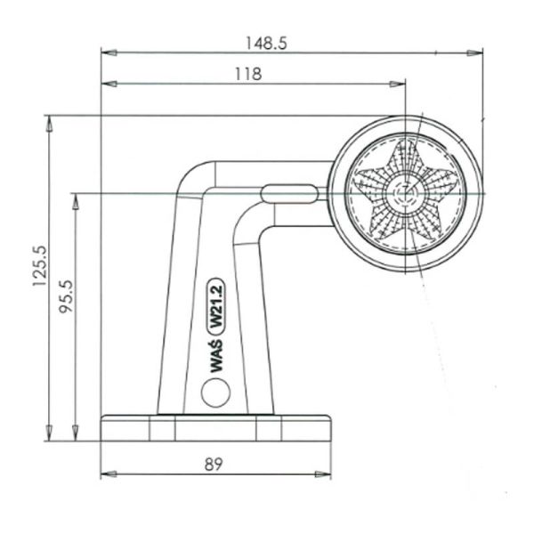 Dimensions Klaxon LED STAR en L Court 12V-24V Lumière rouge et blanche EMC R10 IP66/IP68 R10, A et R