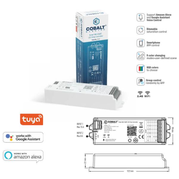 Contrôleur LED monochrome Cobalt Electro CS-5 WiFi et RF 2,4 GHz RGB/RGBW/CCT | Compatible avec Tuya Smart Life