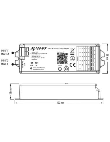 Medidas Controlador LED Cobalt Electro CS-5 WiFi y RF 2.4GHz RGB/RGBW/CCT Monocolor | Compatible Tuya Smart Life