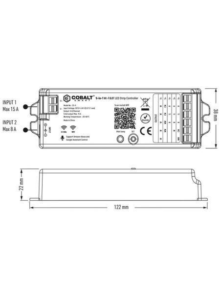Mesures du contrôleur LED monochrome Cobalt Electro CS-5 WiFi et RF 2,4 GHz RGB/RGBW/CCT | Compatible avec Tuya Smart Life