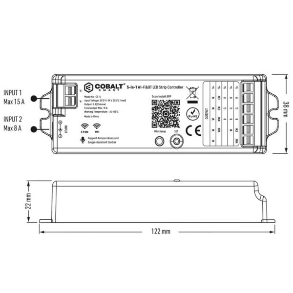 Medidas Controlador LED Cobalt Electro CS-5 WiFi y RF 2.4GHz RGB/RGBW/CCT Monocolor | Compatible Tuya Smart Life
