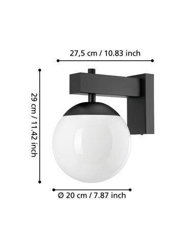 Aplique de exterior BUFALATA, negro con globo blanco, E27, IP44